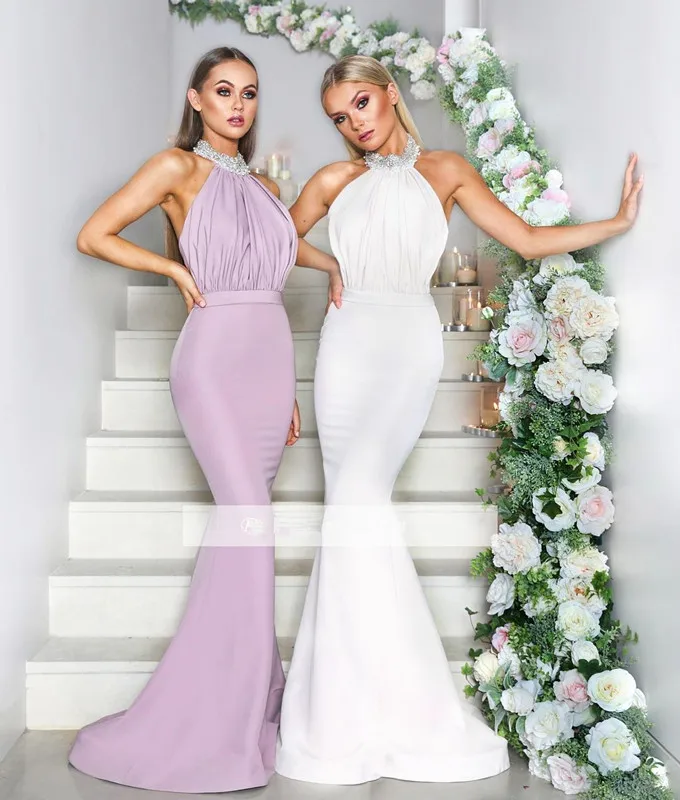Элегантный 2019 дешевые платья подружки невесты до 50 Русалка Холтер бисером Длинные свадебные платья для женщин