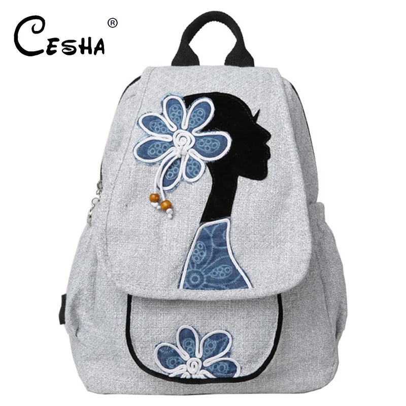 

2019 CESHA High Quality Durable and Environmentally Friendly Linen Women Shoulder Bag Embroidery Girl Pattern Travel Backpack