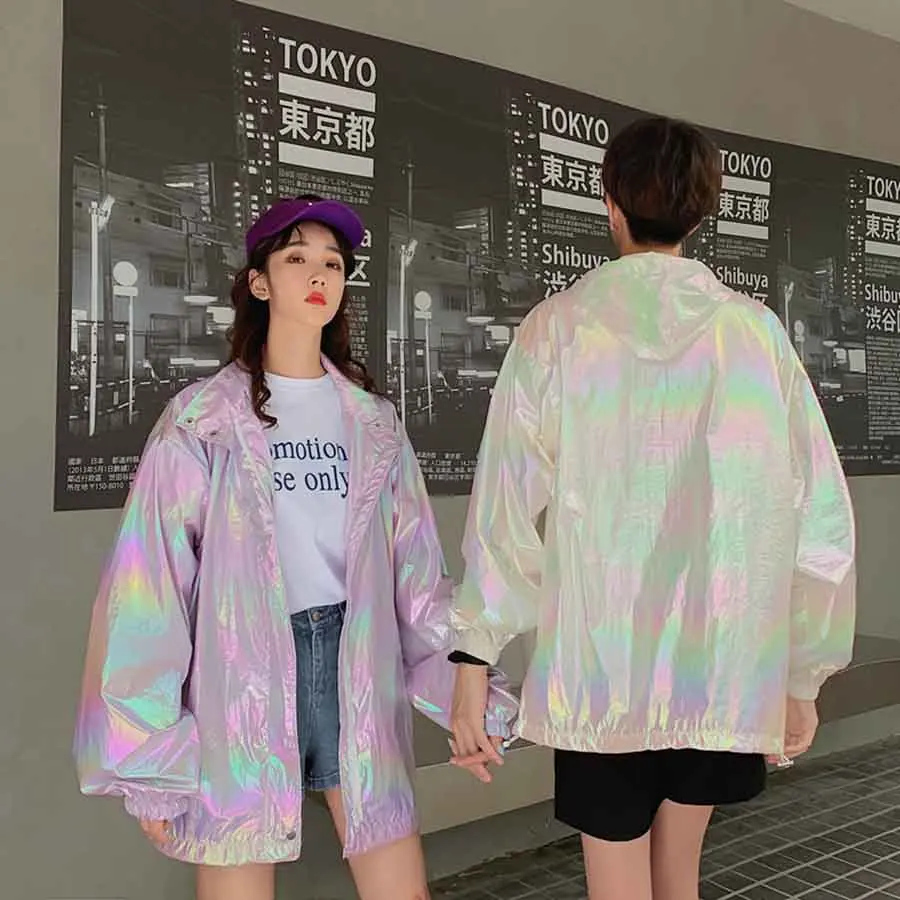 Summer Thin Laser Hip Hop Jacket Windbreaker Men Streetwear Harajuku Swag Hooded Jackets Gradient Sunscreen Couple Unisex Coats