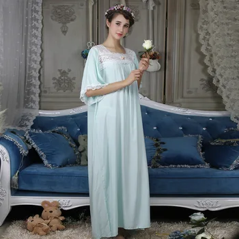 

Free Shipping 2018 New Fall Women's Long Pyjamas Nice Lace Sleepwear Soft Viscose 7 Colors Nightgown Vintage loose Nightshirt