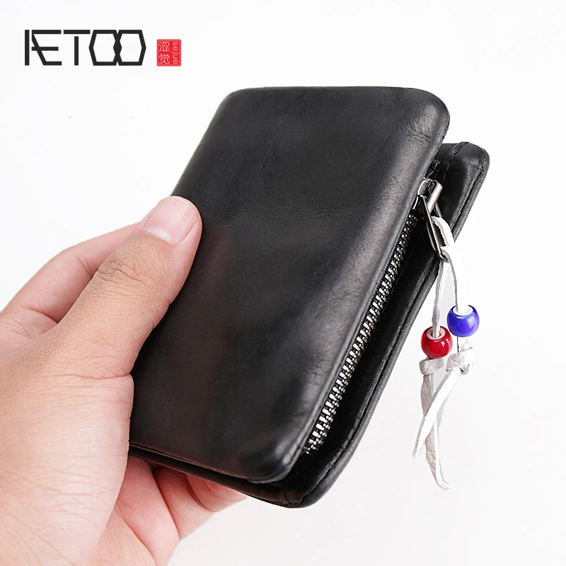

AETOO Retro men's leather vertical wallet head layer cowhide soft leather Short Money clip