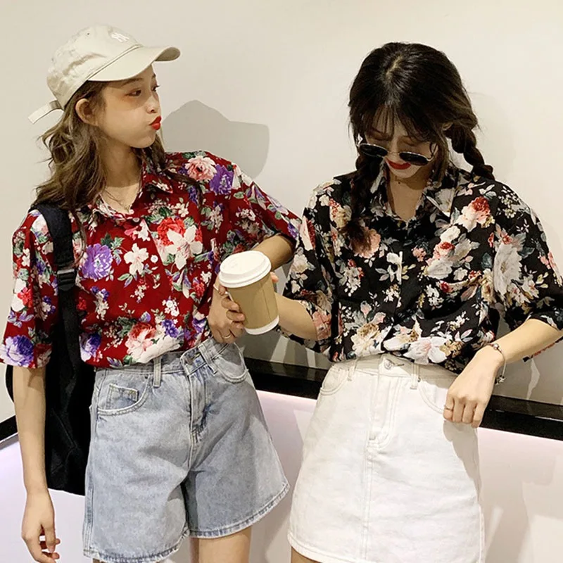 

Harajuku Printed Women Blouse and Tops Vintage Short Sleeve Casual blusas Hawaiian Holiday Beach Versatile Female Lady Shirts