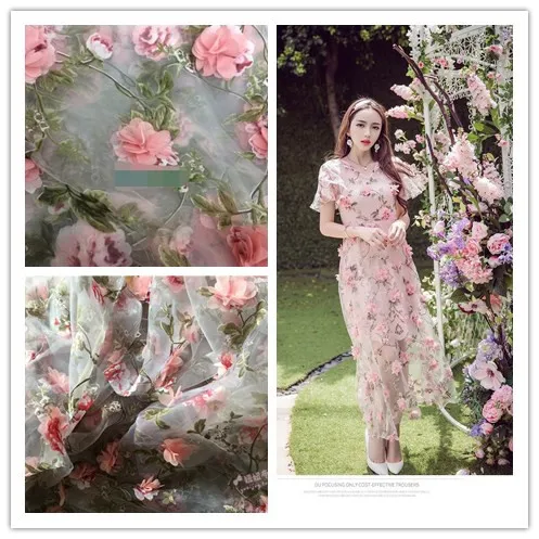 

3D Pink Blue Rose Embroidery Organza Lace Fabric Width 140CM For Wedding Dress DIY Handmade Nobal Dress Clothes Curtain Fabric