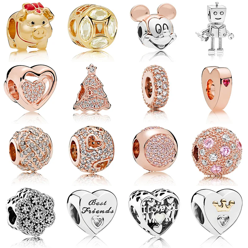 

16 Style New Fashion Silver Bead Rose Gold Hollow Love Luck Pig Crystal Bead For DIY Pandora Charms Bracelets & Bangles