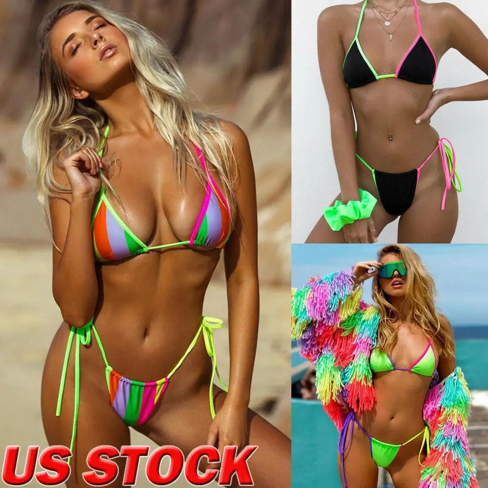 

Hot Women Bikini Set Multi-color Striped Two Pieces Tankini Bandeau Push-up Padded Swimsuit Bra Bandage Swimwear Bathing Suit