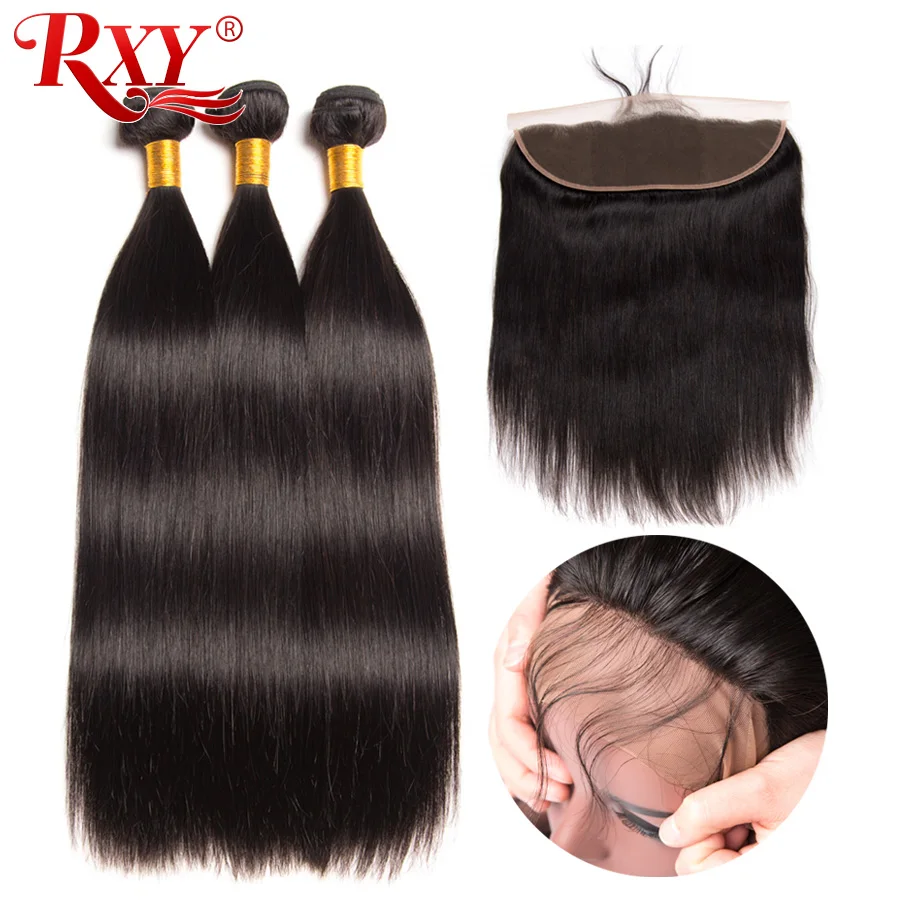 Rxy Remy Hair Straight Hair Pre Plucke Ear To Ear Lace Frontal Closure With Bundles Peruvian Human Hair Bundles With Closure 4Pc