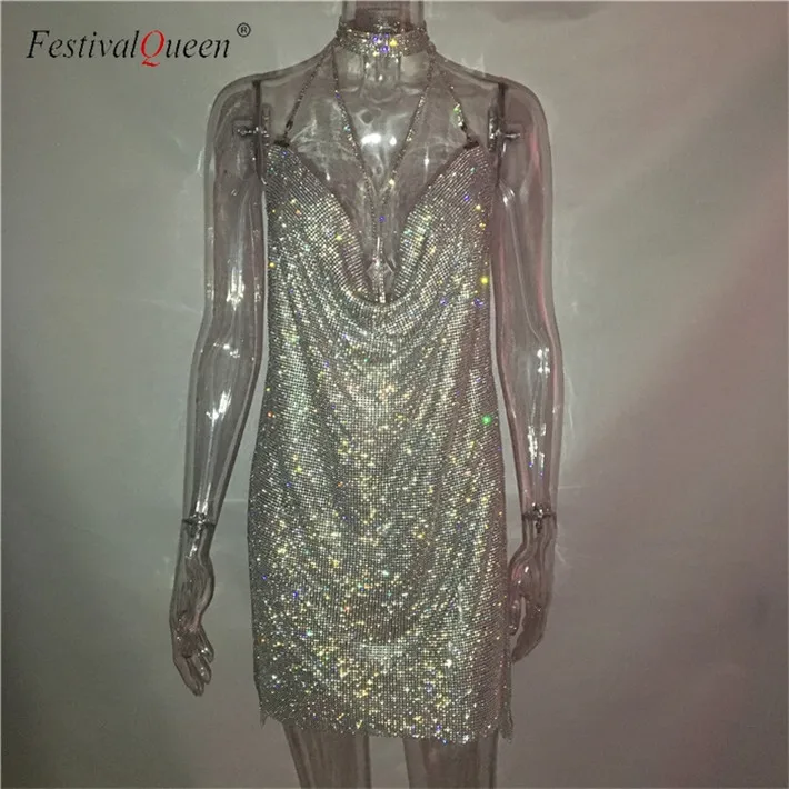 FestivalQueen, сексуальное женское платье с глубоким v-образным вырезом, стразы,, роскошное, для танцев, вечеринки, с лямкой через шею, с открытой спиной, с разрезом, мини-платье - Цвет: silver dress