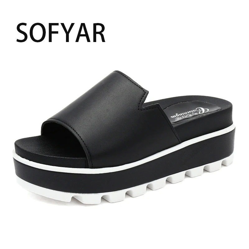 

black leather slipper high heel women shoes wedges summer platform slides high quality flat with sandal outside shoes solides