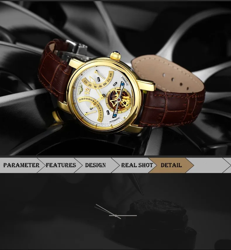 Роскошные брендовые автоматические механические часы GUANQIN, мужские водонепроницаемые светящиеся часы с календарем, кожаные золотые наручные часы