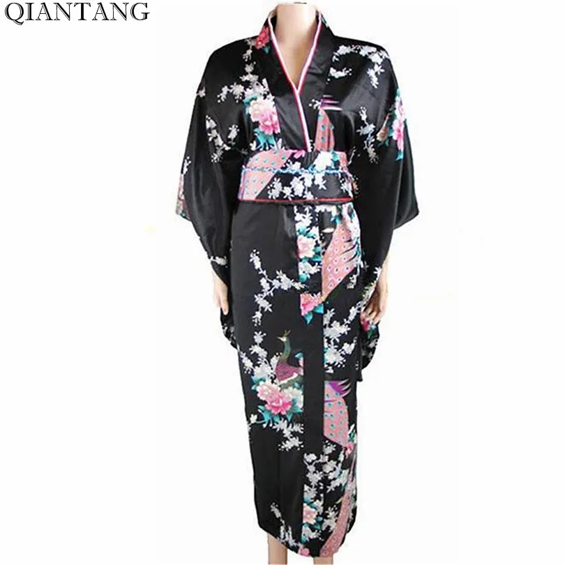 Free Shipping Black Japanese Women's Silk Satin Kimono Dress Yukata