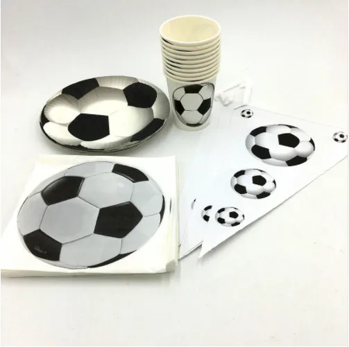 

White black football Soccer Theme Cup Plate Tableware Set kids girl boy Favor Happy Birthday Party Supplies Decoration