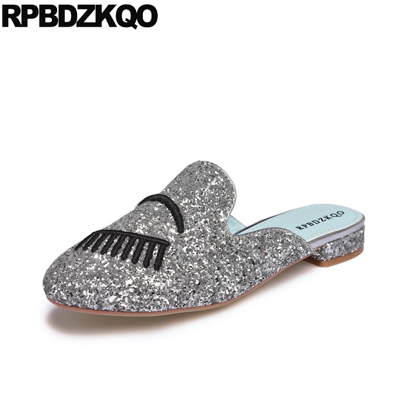 

glitter slippers party slip on sequin round toe sparkling mules china eyelash beaded chinese silver flats women shoes designer