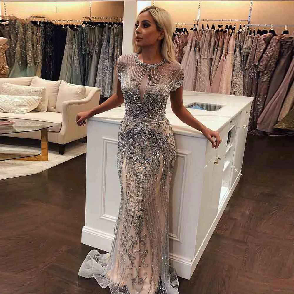 

2019 Luxury Rhinestones Nude Mermaid Evening Dress Long Evening Pageant Dresses Formal Gown robe de soiree