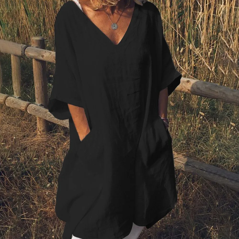 

Women V-Neck Blouse 2019 Lady Summer Short Sleeve Tunic Tops Vintage Linen Blouse Female Solid Chemise Plus Size Blusas Mujer C4