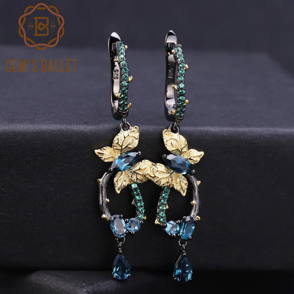 

GEM'S BALLET 925 Sterling Silver Handmade Butterfly Branch Drop Earrings Classic Natural London Blue Topaz Earrings for Women