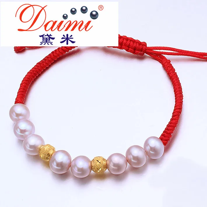 High Quality Red Bracelet 8-9 MM Purple Natural Freshwater Pearl & 999 Pure Gold Ball Bracelet Bijouterie