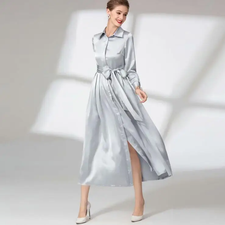 

Runway Designer 2019 Spring Summer Dress Women's Turn-down Collar Single Breasted Belt Mid-Calf Long Shirt Dress Silver Grey