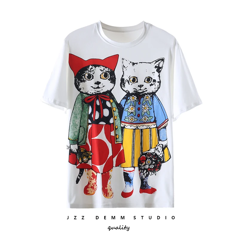 

Spring and summer 2019 new Korean cartoon cat loose G palace elegant white solid color printing loose T-shirt tide