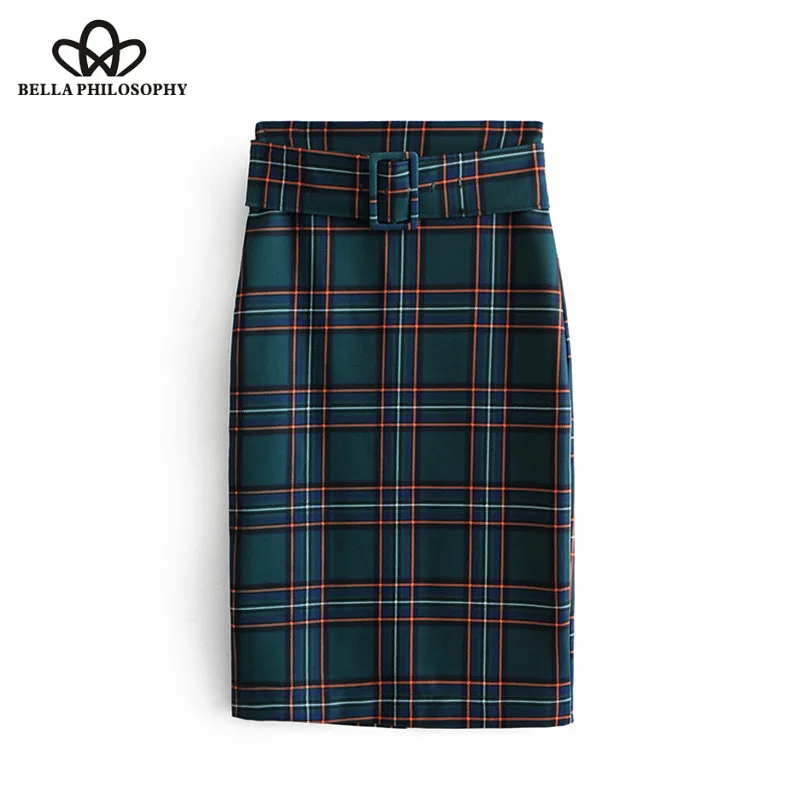 Wonder 2018 new Vintage Elegant Plaid Belted Pencil Midi Skirt Back Zipper Vents Streetwear Ladies Skirts Casual Faldas Mujer