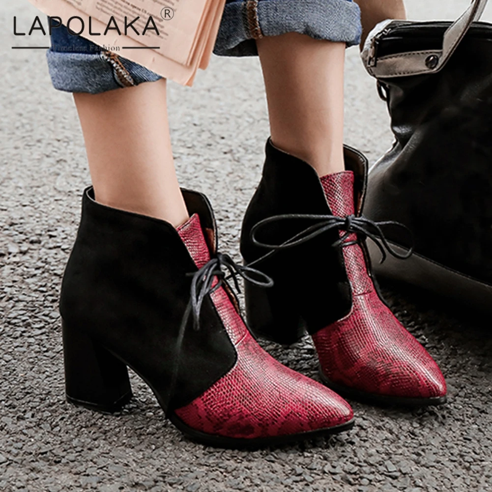 

Lapolaka Plus Size 32-48 Brand New 2019 Add Fur Ankle Boots Woman Shoes Lace Up Chunky Heels Winter Warm Shoes Woman Boots