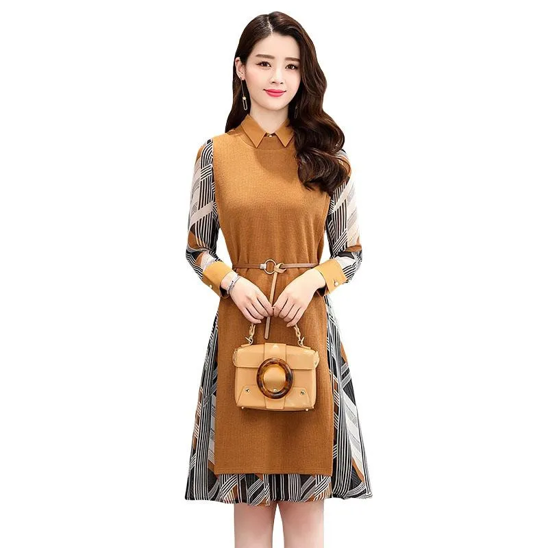 

New Arrival Women Fashion Spring Autumn Suits Female Floral Print Chiffon Dress +Sleeveless Casual Knit Vest 2 Pieces Sets J197
