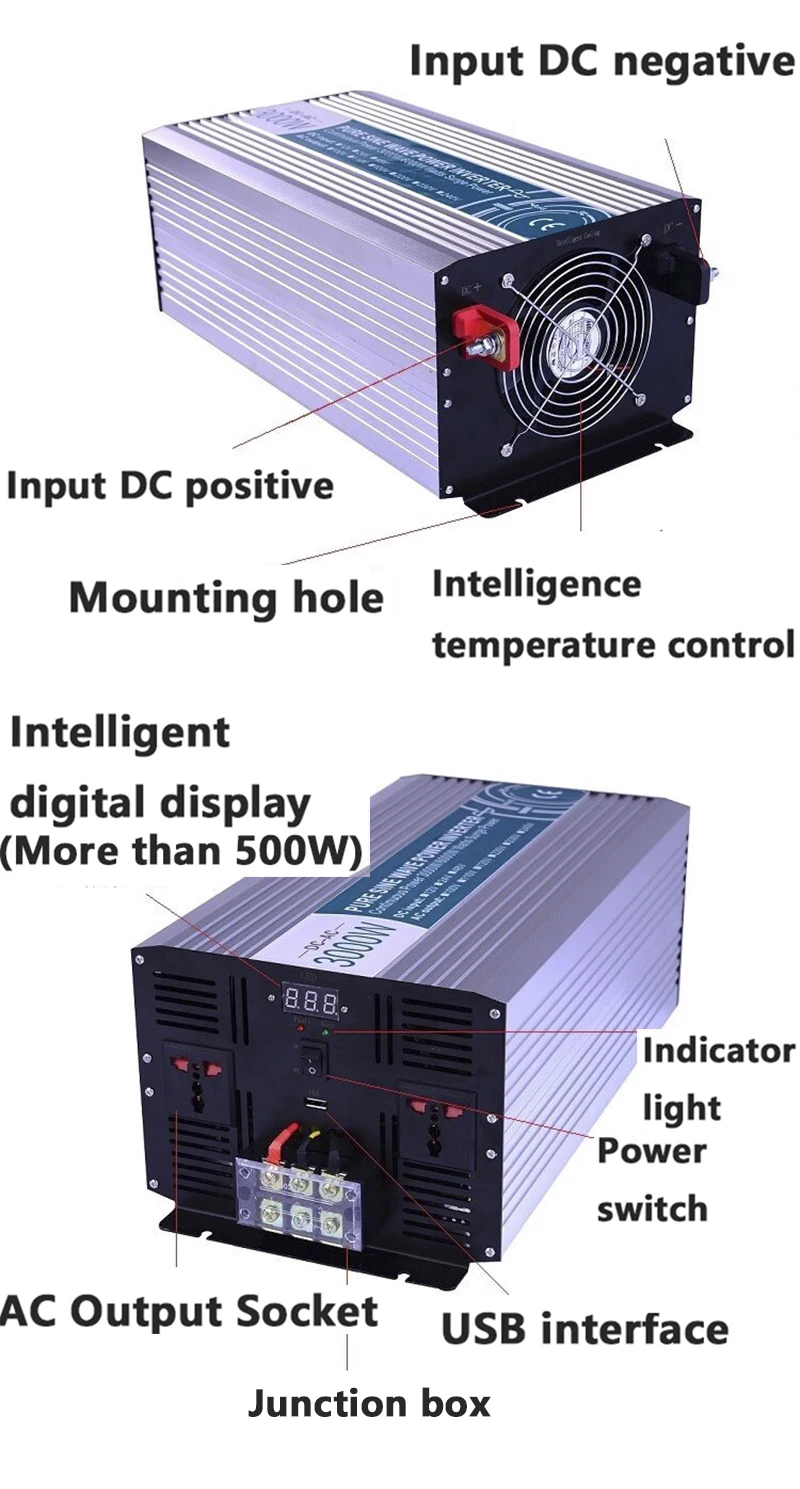 3000 Вт Чистая синусоида Инвертор, DC 12 В/24 В/48 В к AC 110 В/220 В, решетки солнечной энергии инвертор, преобразователь напряжения работает с батареей