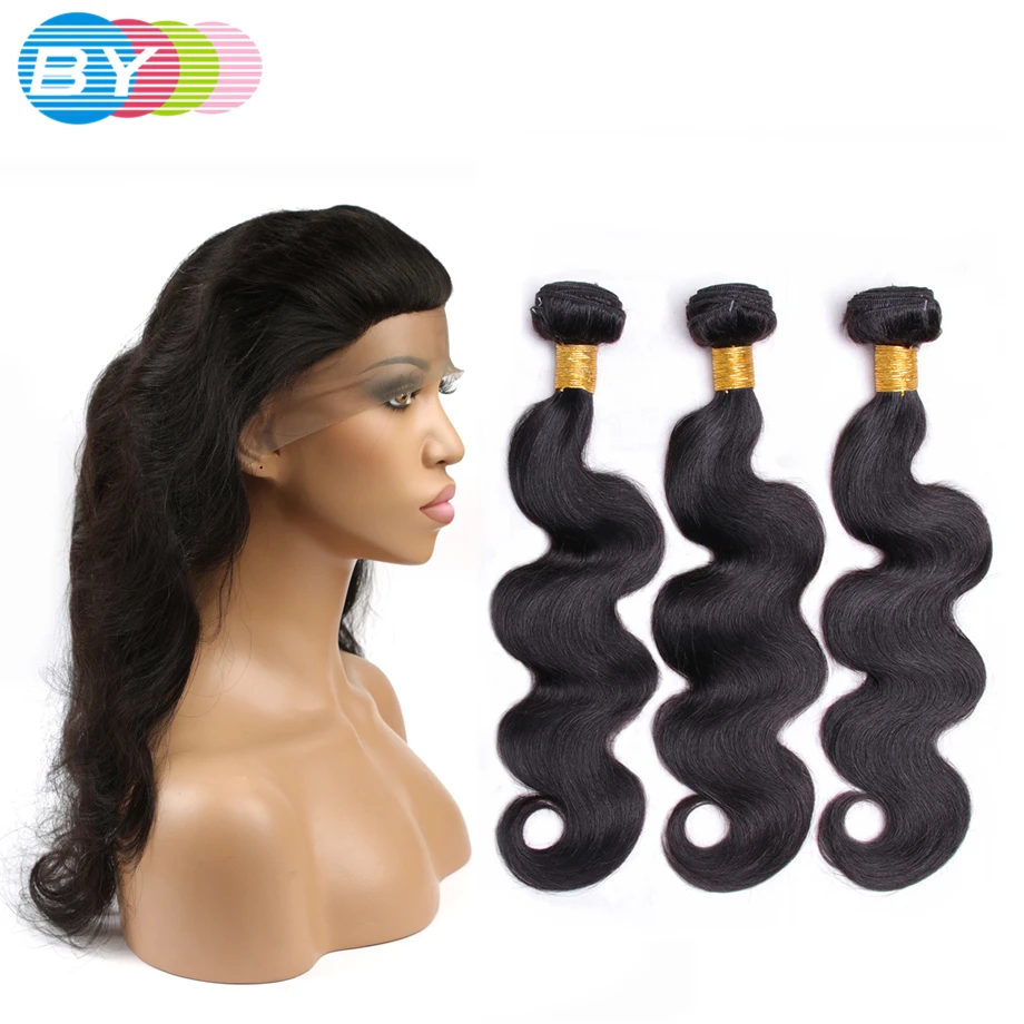 BY Pre-Colored Malaysian Non-remy Hair Human Hair Weave Natural Color 3 Bundles Body Wave With 360 Lace Frontal body-wave