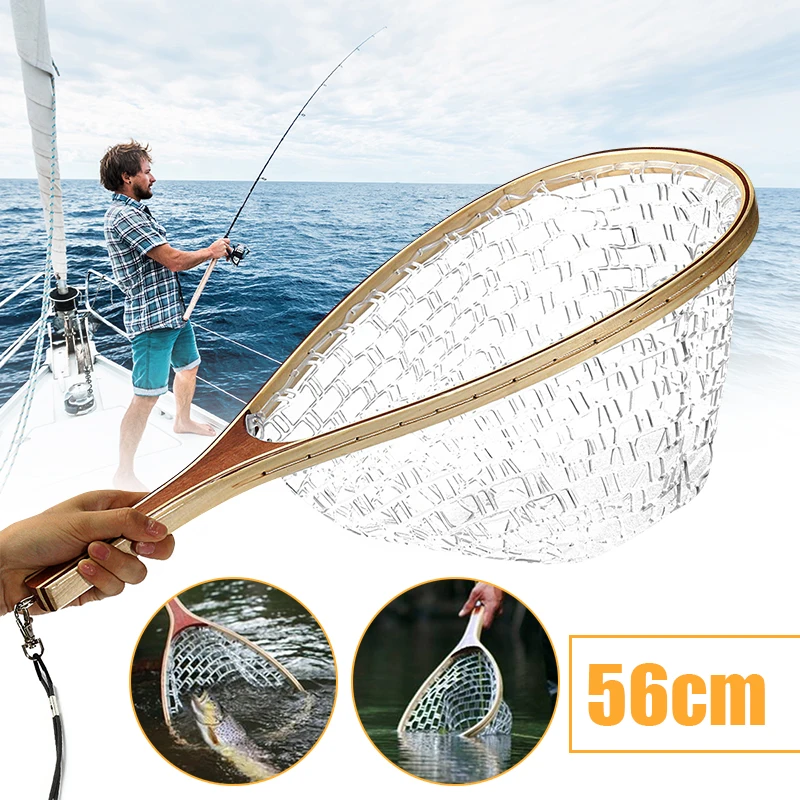 Fly Fishing Trout Landing Net with Wooden Handle Fishing Net Rubber