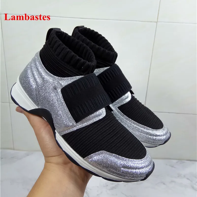 

2019 New Spring Women Casual Shoes Silver Bling Flat Platform Designer Women Sneakers Stretch Sock Shoes Women Slip On Flats