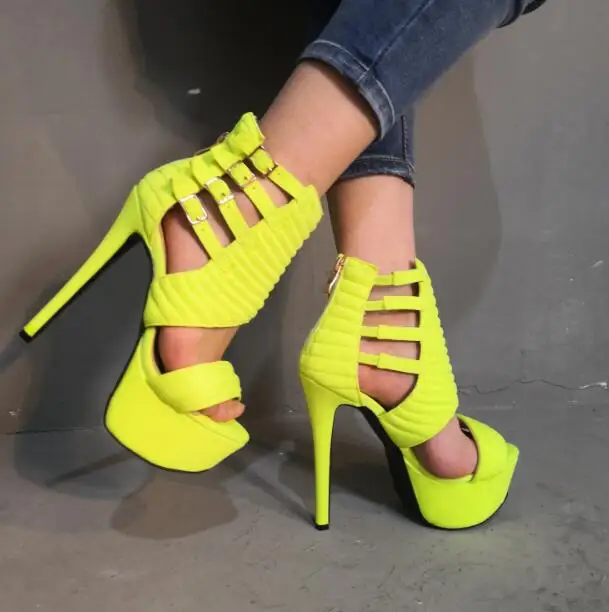 ; пикантная женская обувь для ночного клуба; однотонная флуоресцентная желтая обувь с открытым носком; Платформа с пряжкой и молнией; босоножки на тонком каблуке с вырезами сзади