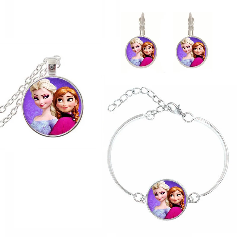 

SUTEYI Newest Silver Color Chain Necklace Set Elsa Anna Olaf Cartoon Girl Choker Jewelry Pendant Necklace Earrings Bracelet Sets