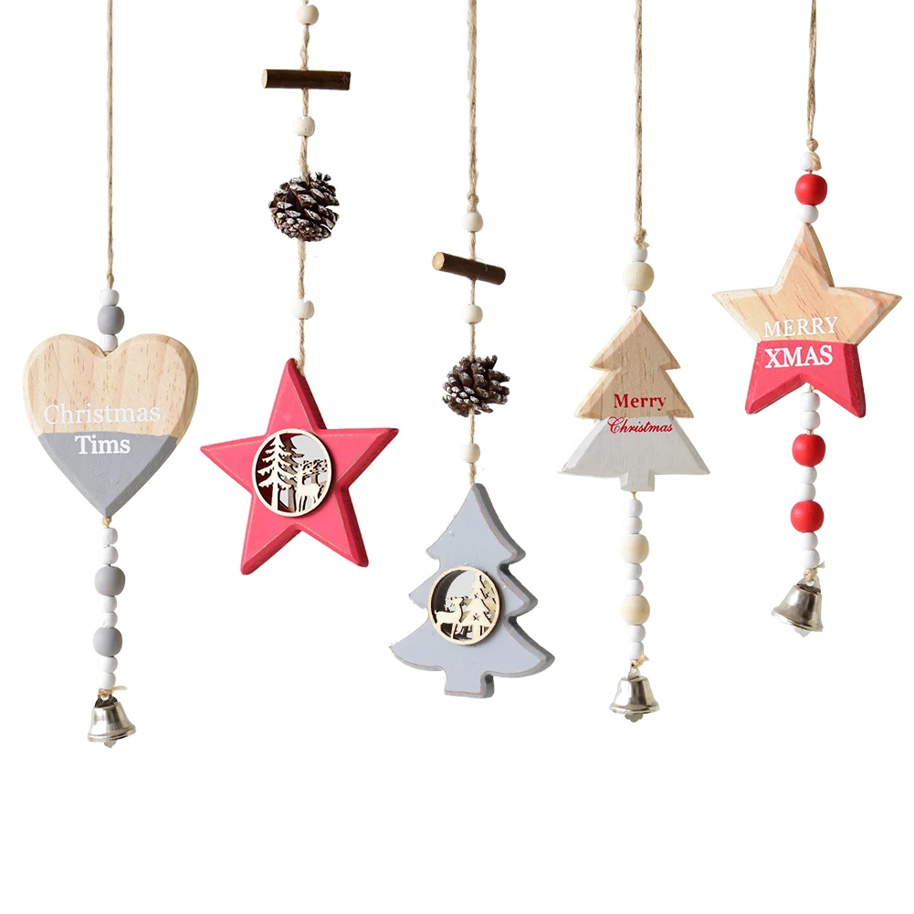 Wooden Christmas Tree Five Star Heart Pattern Bell Pendant Door