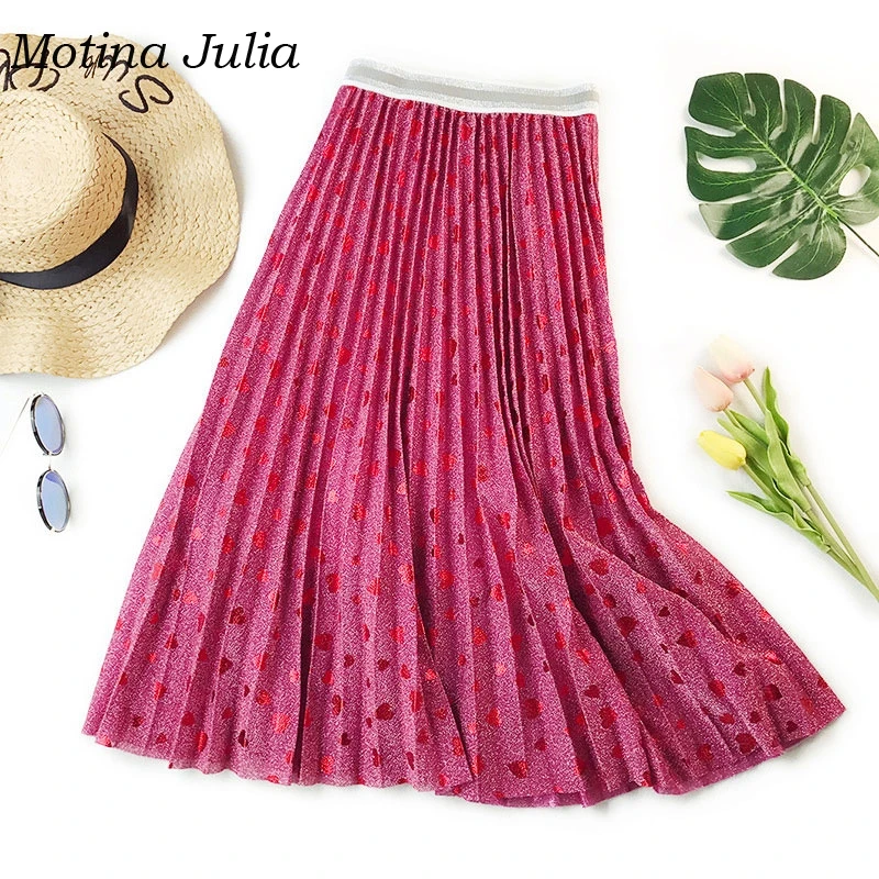 Motina Julia, блестящая металлическая цветная плиссированная юбка с принтом в виде сердца для женщин, Осень-зима, миди уличная юбка, нижняя часть