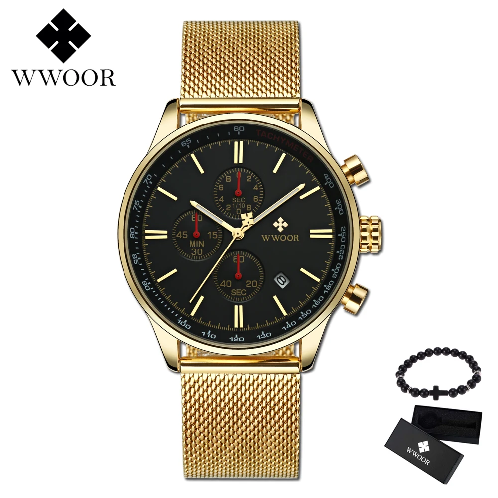 

2019 New Watches Men Luxury Brand WWOOR Chronograph Men Sports Watch Waterproof Mesh Steel Quartz Men's Watch Relogio Masculino