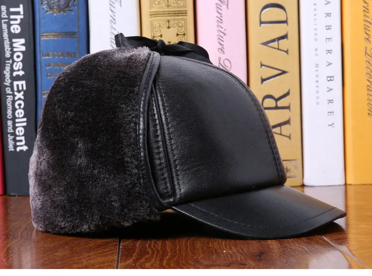 RU Style Men Winter Hat Real Leather Furry Warm Baseball Cap Earflaps