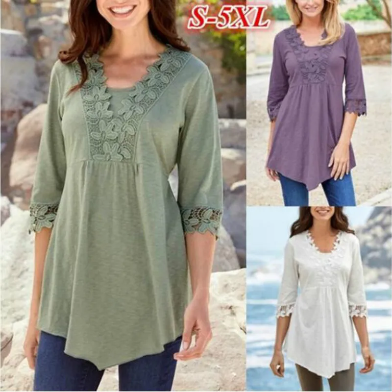 

2019 new Autumn Women O-Neck Fashion Half Sleeve Lace Patchwork Pure Color Slim Casual Blouse lace 7-point sleeve T-shirt