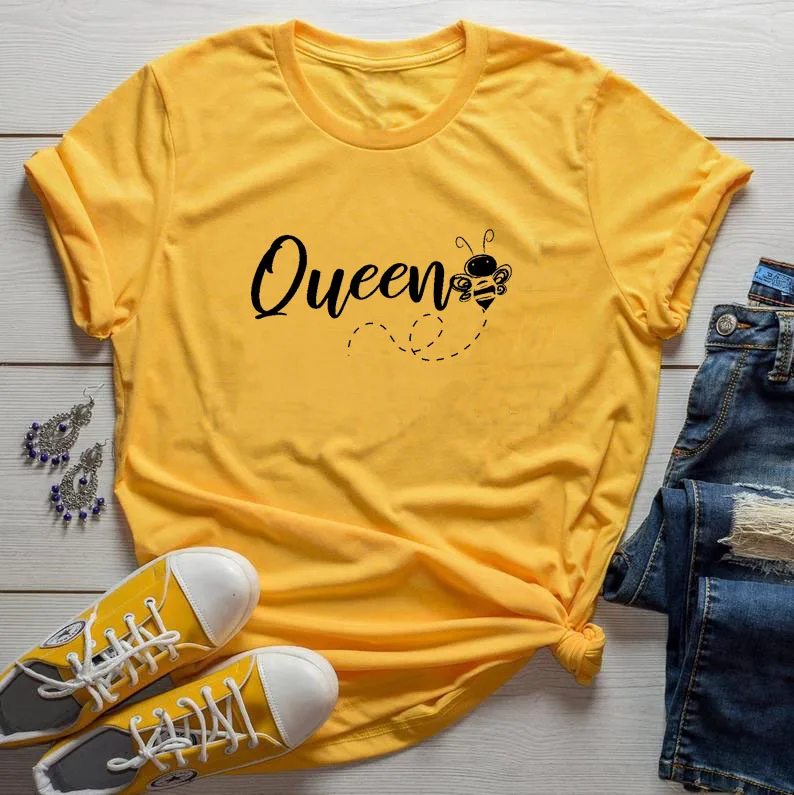 

Queen Bee Print New Arrival Summer Women's Funny Casual Cotton T-Shirt Bee Lover Gift Bumble Bee Shirt Mom Gifts
