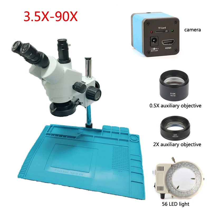 

Trinocular Stereo Industrial Microscope 3.5X-90X Continuous Zoom + 1/2 HDMI Sensor Microscope Camera + 56LED, Repair Welding