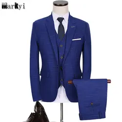 Markyi 2018 Новый плед ternos masculino Slim Fit одной кнопки 3 предмета в комплекте мужские синий смокинг (куртка + брюки + жилет)