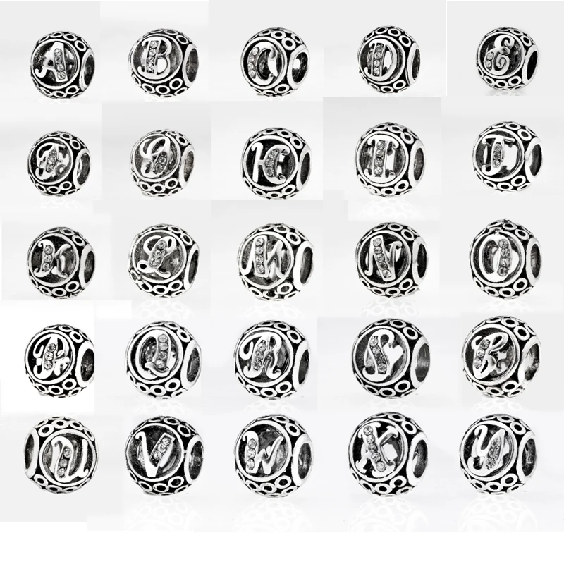 

New Fashion Alloy Plated Bead Charm Letter Clear 26 A-Z Original Alphabet Beads Fit Women Pandora Bracelet & Bangle DIY Jewelry