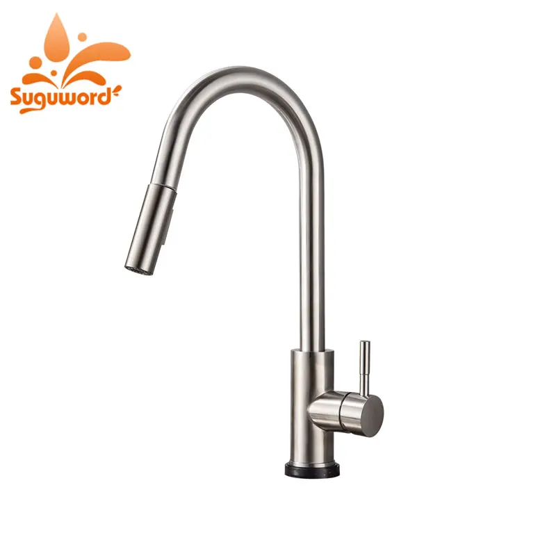 

Suguword Brushed Nickel Kitchen Sense Faucet Deck Mounted Single Handle one Hole Mixer Tap Pull Out Spout