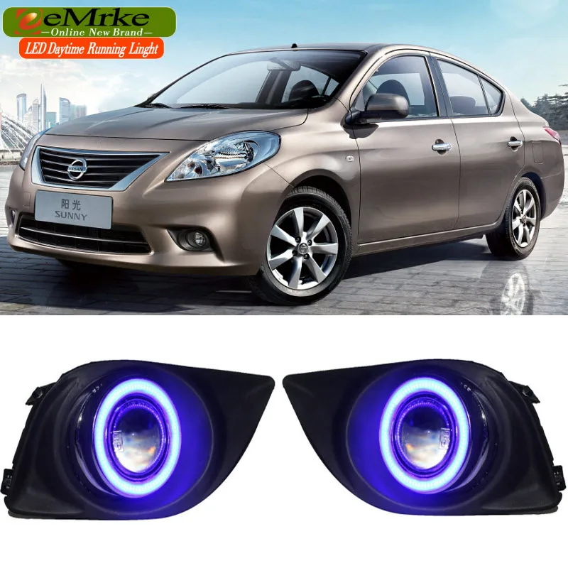 eeMrke  DRL Daytime Running Lights FOR Nissan Sunny Versa Sedan N17 LED Angel Eye Halogen Bulbs H11 55W Fog Lights Assembly