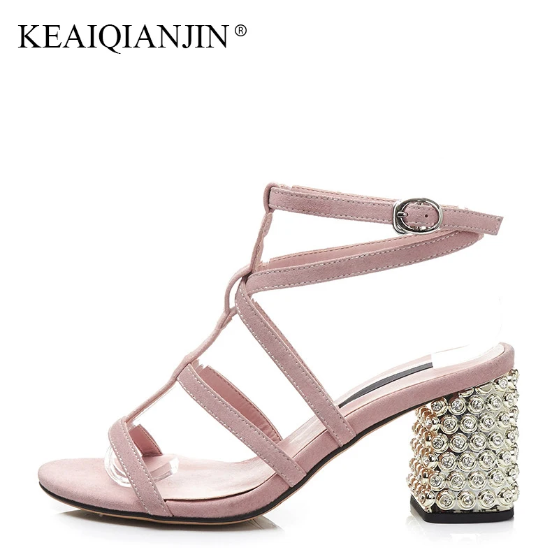 

KEAIQIANJIN Woman Genuine Leather Peep Toe Sandal Fashion Pink High Heeled Shoes Summer Black Gladiator Open Toe Crystal Sandals