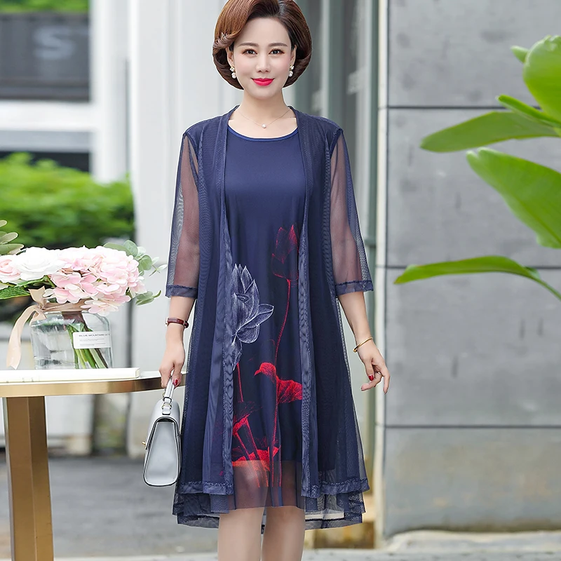 

Women middle-aged summer new chiffon long dress plus size 3XL casual beach mother two-piece print flower loose dress Plus size