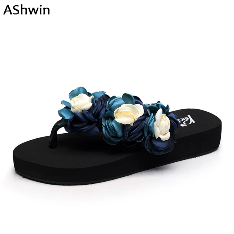 

AShwin bohemia beach shoes sandals women flip flops rhinestones flower thong slippers handmade pearls wedge platform sandal35-42