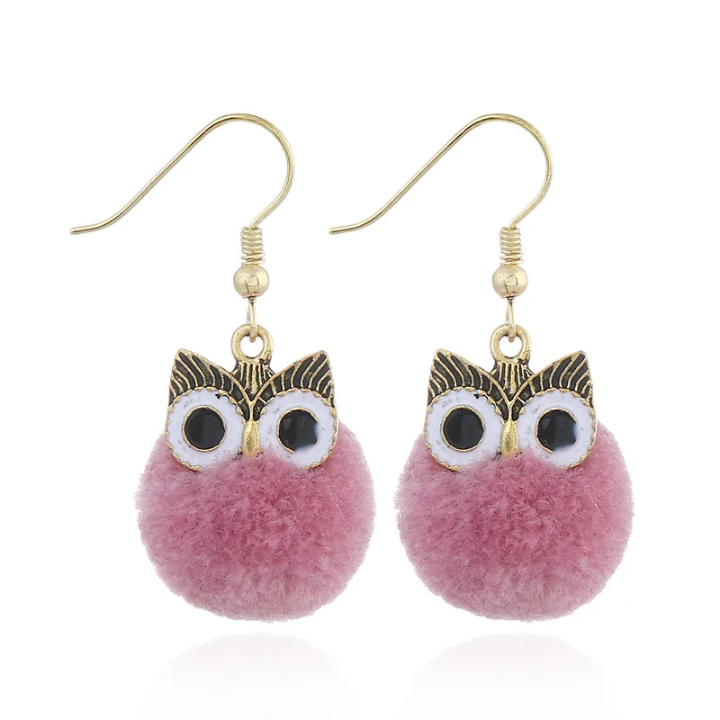 

New 4 Colors Little Cute Hair Bulb Pompom cartoon Earrings fur ball Owl Earring Hanging For Women Girls Party Jewelry Gifts