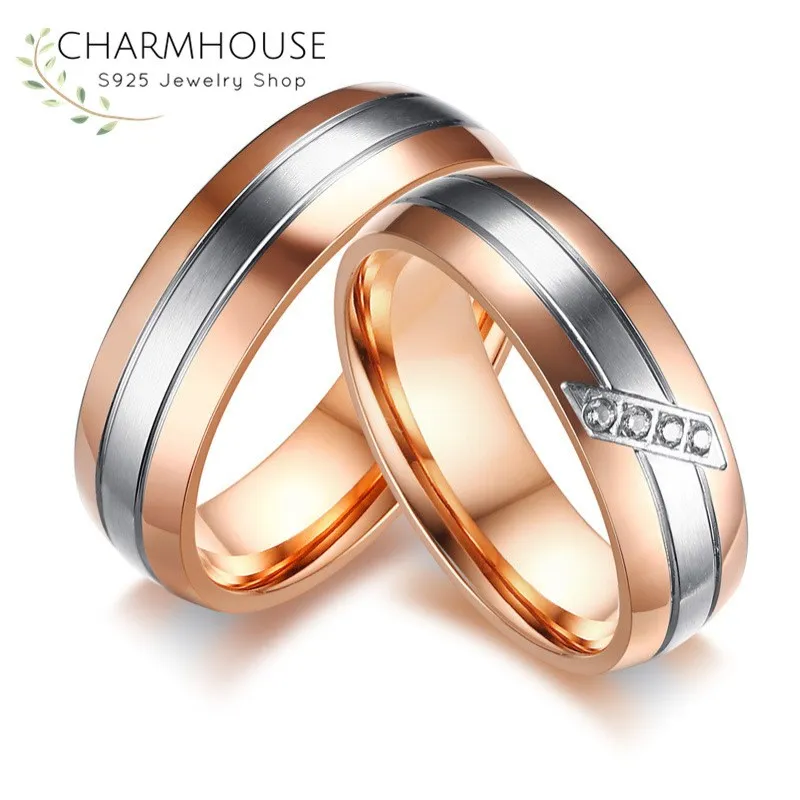 Rose Gold Color Wedding Rings for Men Women Stainless Steel Couple Ring with Zircons Stone Romantic Style Bridal Jewelry Bijoux