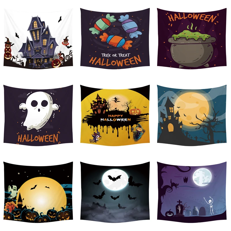 

Cartoon Halloween Hanging Large Tapestry Pumpkin Witch Broom Wall Art Picture Living Room Decorate Custom Woven Bedspreads