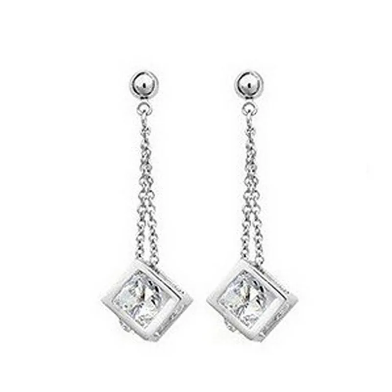 

J Store Romantic Super Shiny Crystal Cube Earrings with White CZ Stones Chains Long Women Elegant Wedding Jewelry Brincos JJ007