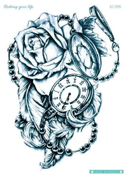 Rocooart LC306 Vintage Clock Tatoo Sticker Black White Flower Temporary Tattoo Skull Fake Taty For Arms Women Men | Красота и